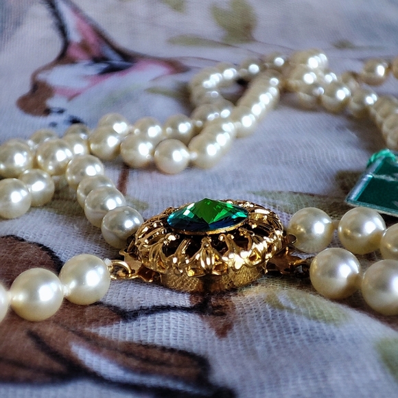 Majorca Spain Dual Strand Pearl Necklace Watermelon Rainbow Rivoli Golden Clasp - Picture 6 of 13